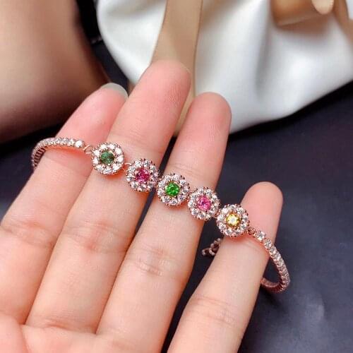Natural multicolor tourmaline stone Bracelet Natural gemstone bracelet 925 silver fashion round Sun flower women gift jewelry