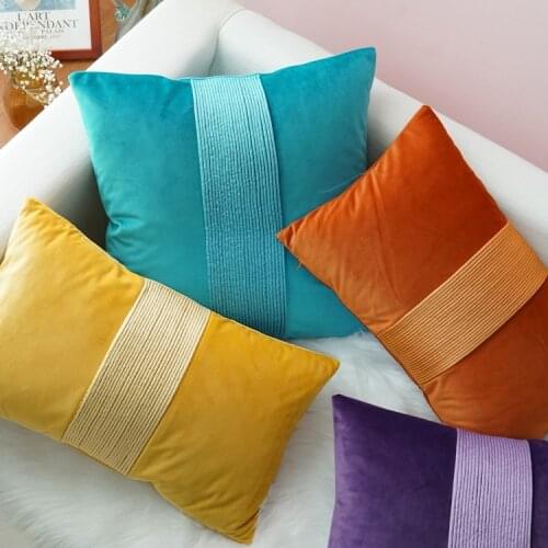 Rope tied pleated velvet cushion cover sofa yellow orange purple blue pillow case 45x45/30x50cm