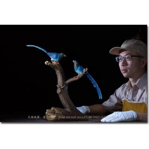 LARGE 2021 GOOD LUCK TOP Master art Collection Bird of wealth Magpie Birds lucky propitious brass ART Mascot HOME office