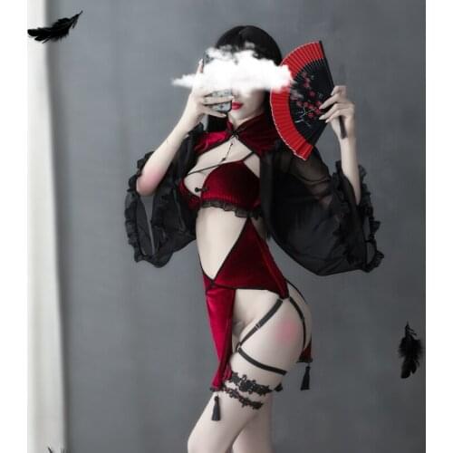 Dark Witch Role Playing Game Costume Sexy Hollow Silk Sleeve Cheongsam Lace Perspective Ladies Underwear Adult Sex Clothing