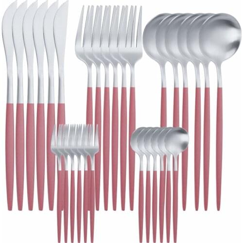 Matte Pink Silver Dinnerware Set Stainless Steel 30 Piece Cutlery Set Knifes Fork Spoon Kitchen Tableware Set Silverware Flatwar