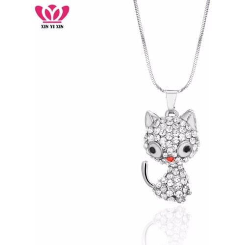 Wholesale Cute Cat Pendant Necklace Full Crystal Hollow Animal Pendant Color Chain Necklace For Girl Gifts Dropshipping 2020