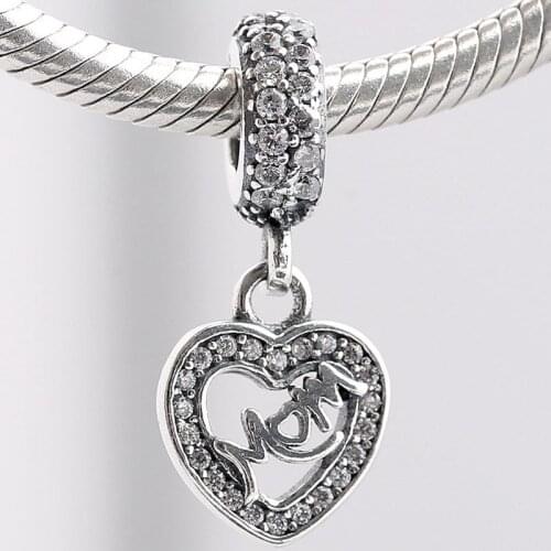 Original Love Heart Mom With Crystal Pendant Beads Fit 925 Sterling Silver Bead Charm Bracelet DIY Jewelry