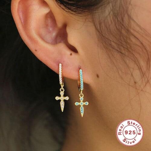 Aide 925 Sterling Silver Purple Blue Zircon Cross Pendant U Shape Hoop Earrings For Women Girls Turquoise Earring Party Jewelry