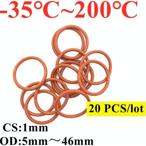 20pcs VMQ O Ring Seal Gasket Thickness CS 1mm OD 5~ 46mm Silicone Rubber Insulated Waterproof Washer Round Shape Nontoxic Red