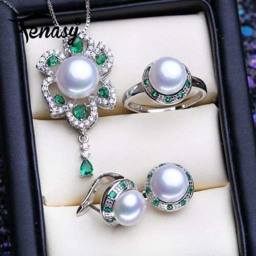 FENASY Trendy 925 Sterling Silver Natural Pearl Jewelry Sets For Women Green Emerald Stud Earrings Pendant Necklace Party Ring