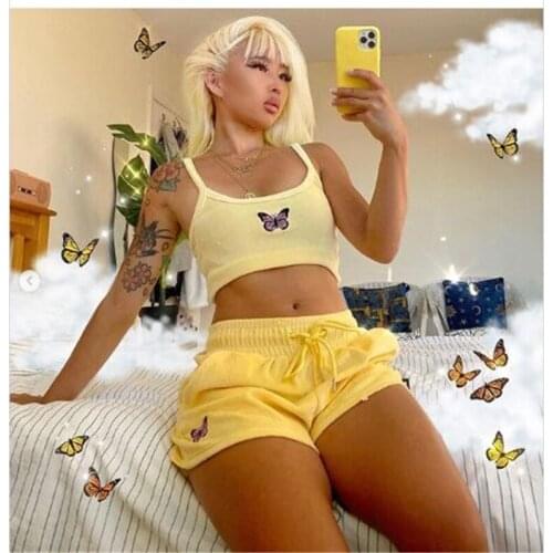 FUFUCAILLM Butterfly Womens Cropped Top High-Waist Shorts 2PCS Set Lace-up Running Elastic Sports Outfits Womens Pajama Sets