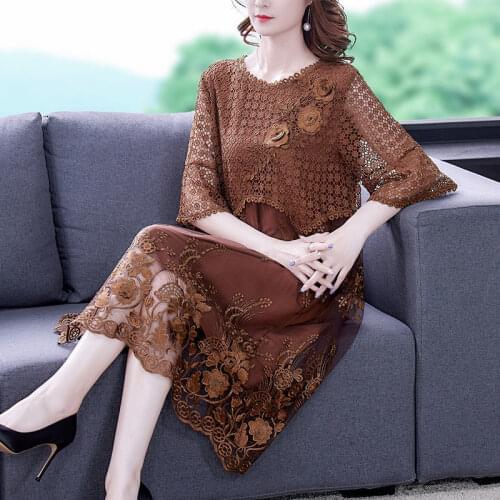 2021 New Summer Women Hook Flower Hollow Out Embroidery Brown Dress , Woman Sweet Casual 4xl 5xl Dresses
