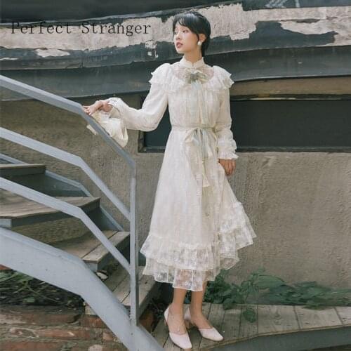 2021 Spring Autumn New Arrival Retro Stand Collar Long Sleeve Woman Gauze Lace Long Dress With Brooch