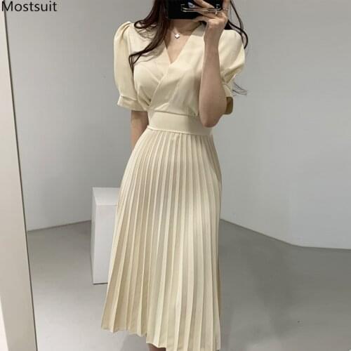 Summer Women Long Dress Korean Elegant Short Sleeve V-neck Tunic Lace Up Slim Tunic Pleated Dresses 2021 Vestido Mujer