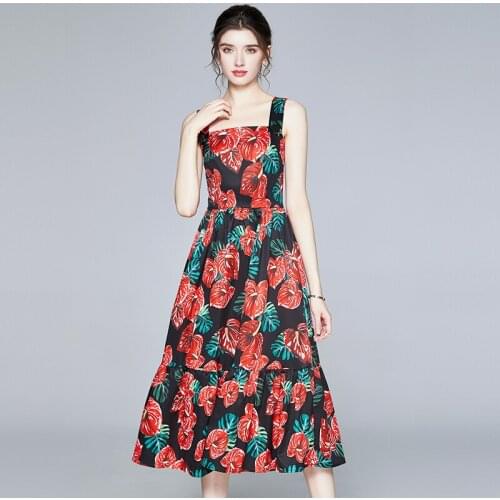 Runway Floral Print Sweet Spaghetti Strap Midi Dress 2021 Summer Womens Vintage Sleeveless Dress Beach Boho Sundresss