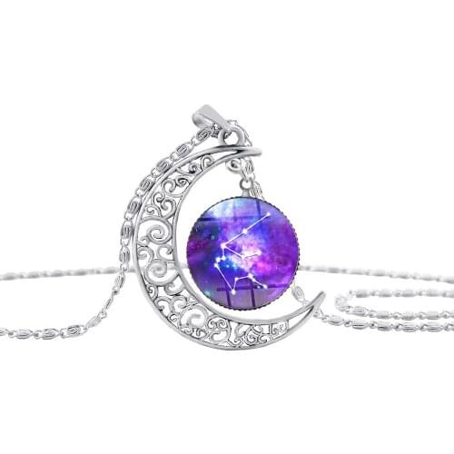 12 Constellation Aquarius sign Star Sky Universe Planet Crescent Necklace Time hollow Half Moon Planet Zodiac Necklace jewelry