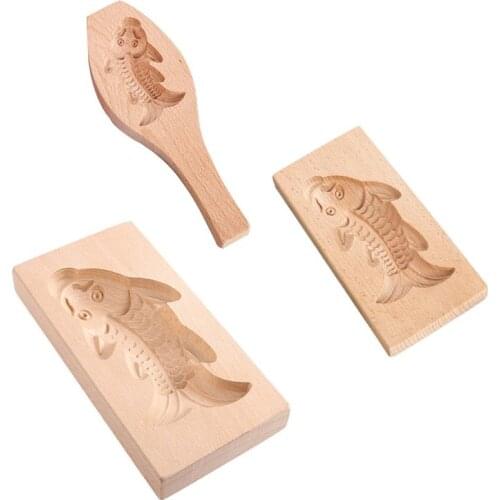 Wooden DIY Mooncake Mold Fish Shape Baking Handmade Fondant Decorating Tools