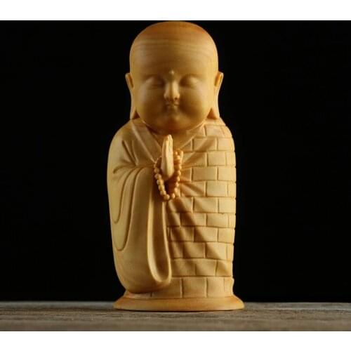 8cm Wood Wall Decors Buddhist Monk Solid Wood Carving Buddha Monk Tea Statue Home Ornaments Crafts Carved Statues for Decoration