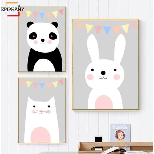 Nursery Wall Art Prints Panda Rabbit Animals Posters and Print Kids Room Canvas Painting Gift for Baby Girl Kids Bedroom Decor