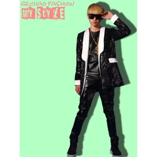 Sequin splice blazer men suits designs jacket mens black coat stage costumes singers clothes dance star style dress punk rock