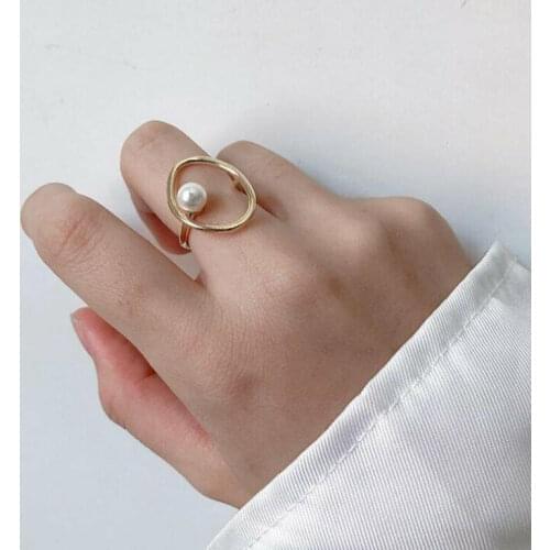 Artificial culture Pearl Geometric Statement Gold Color Band Charm Finger Knuckle Round Ring Women