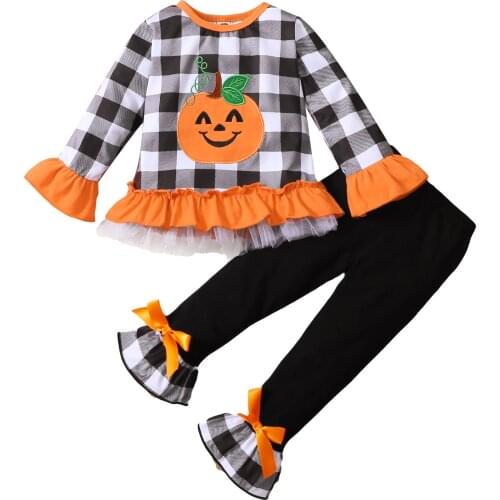Girls Halloween Clothes Set, Pumpkin Embroidery Long Sleeve O-neck T-shirt + Plaid Print Flared Trousers