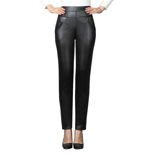 Fashion Mother Women Winter Warm High Waisted Trousers Stretch Slim Leggings Plus Fleece Padded Faux Leather Pants Female OK1004