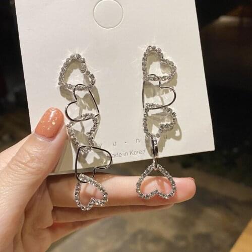 Minimalist Love Heart Long Tassel Hollow Out Dangle Earring for Women Girls Charming Rhinestone Connect Earring Pendientes