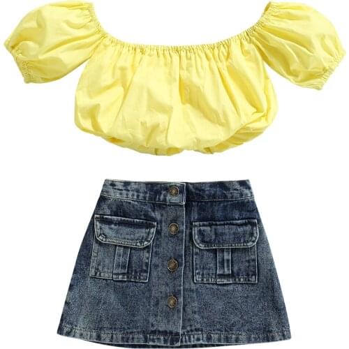 2021 Fashion Newborn Toddler Baby Girls Clothes Sets Summer Denim Skirts Set Girls Puff Sleeve Off Shoulder Crop Top Jean Skirt