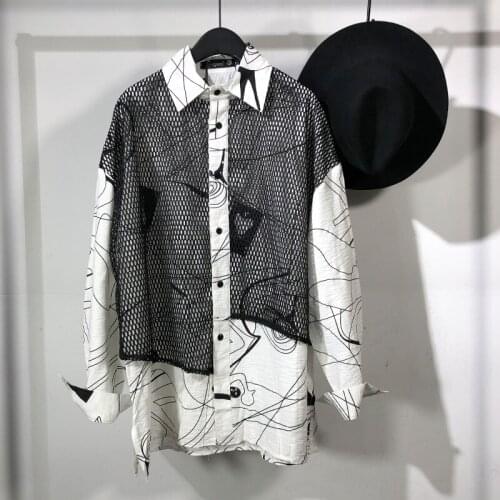 2021 Original dark mens mesh patchwork print loose long sleeve shirt hip-hop street style casual top