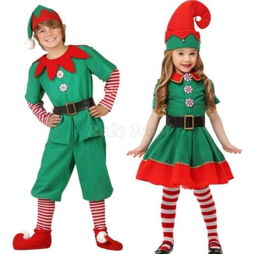 Men Women Boy Girl Christmas Santa Claus Cosplay Costume Adult Kids Family Green Elf Carnival Party Outfit C25M273