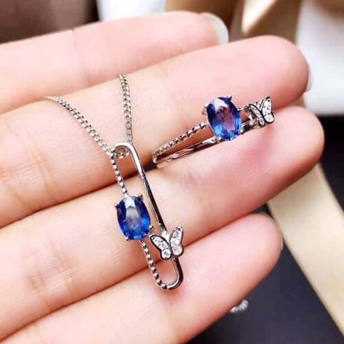 Natural Sapphire 925 Silver Fashion Butterfly Ring Pendant Necklace Fine Wedding Jewelry Sets New Style Two-piece Set MeiBaPJFS
