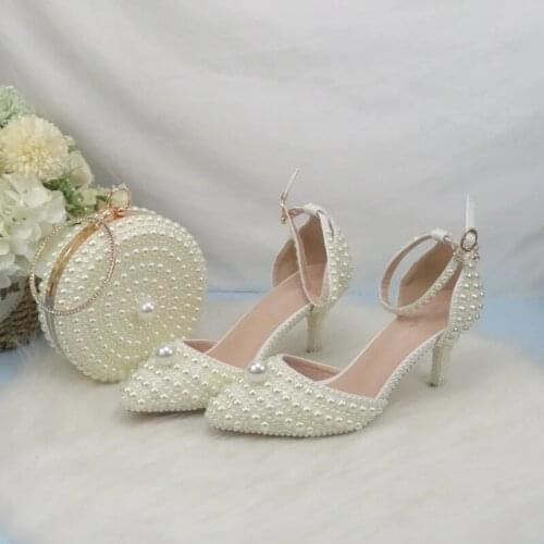 Summer Pearl Bride Wedding Shoes And Handbag Set Women Party Dress Shoes For Bridesmaid Sandals High Heels Thin Heels Pumps