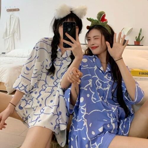 Short Sleeve Pajamas Set For Women Sleepwear Nightwear Cute Bear Print Homewear Summer Lounge Home Clothes Pyjamas