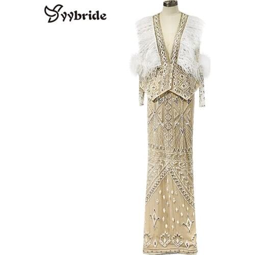 Luxury Beading Crystals Feathers Dresses V-Neck Full Sleeves Trumpet/Mermaid Prom Dresses with Jacket Vintage Evening Dresses