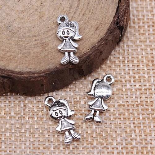 WYSIWYG 40pcs Charms Lovely Girl 15x7mm Antique Making Pendant Fit Vintage Tibetan Silver Color DIY Handmade Jewelry