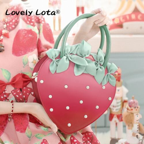 Girls Womens Lolita Sweet Heart Shaped Strawberry Handbag Makeup Should Messenger Satchel Purse Bags Bowknot Pearls New 2021