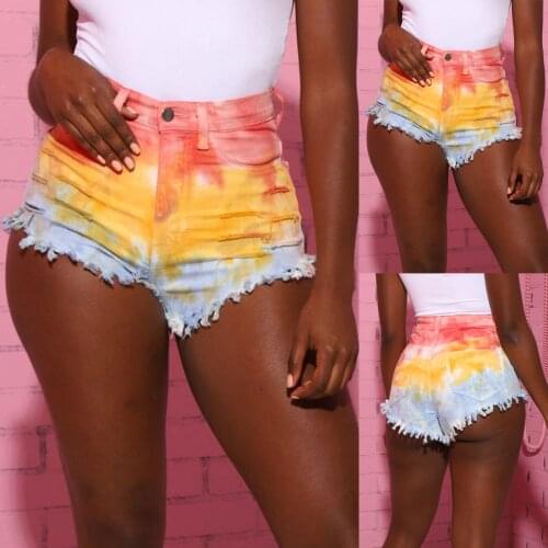 Female Fashion Casual Summer Cool Women Slim Mid Waist Irregular Tie-Dye Short Jeans Denim Regular Pants Pantalones De Mujer