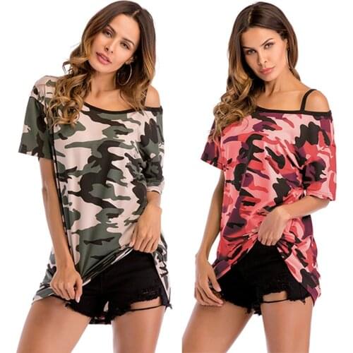 Witbuy Womens Tops Summer Ladies Camouflage Print Sexy Off Shoulders O-Neck Short-Sleeved Tshirt Fashion Lady Street Casual Top