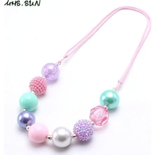 MHS.SUN 1PC Girls Pink Beaded Necklace Adjustable Rope Necklace Handmade Baby Round Bubblegum Necklace For Party Gift Dropship