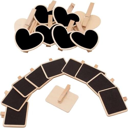 10pcs/lot Small Wooden Blackboard Mini Chalkboard with Clip Peg Memo Note Message Board Clamp Black Boards, 2 Shapes