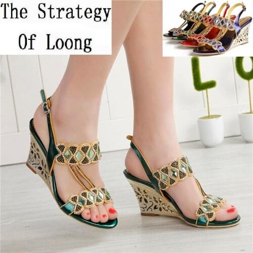 Women Real Leather Crystal Wedges High Heels Open The Toe Sandals Summer New Arrival Cut Out Heels Big Size Shoes 20180606
