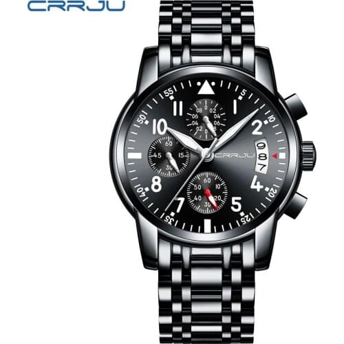CRRJU Sport Watch Men Stainless Steel Band Quartz Military Casual Watches Mens Chronograph Calendar Wristwatch Waterproof Clock