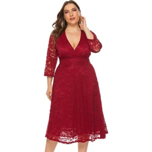 Autumn Plus Size Dresses Red Elegant Deep V Neck Evening Lace Dress High Waist Good Quality Vestidos De Mujer 5XL