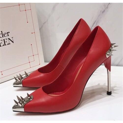 Classic Design Full Genuine Women Sexy Pumps Leather Sole Rivet Super High Thin Heels Solid Color Party Shoes Plus Size 34-42