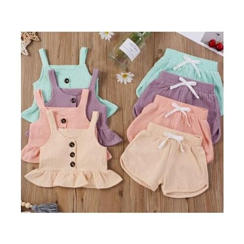 Childrens Sets Girls Casual Two-piece Clothes Set Solid Color Off-the-shoulder Tops+Shorts Green/ Purple/ Pink/ Nude for 6M-4T