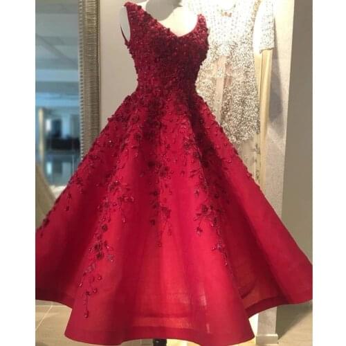 Pretty Embroidery Beaded Red Evening Dresses Elegant 3D Flower Lace Prom Gowns Ankle Length Formal Party Dress Abendkleider