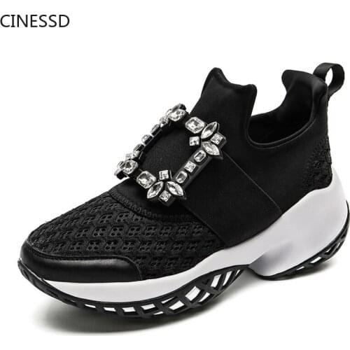 Crystal Buckle Sneakers Summer Breathable Mesh Platform Shoes Woman Slip-On Casual Shoe Trainers Creeper Sneakers Tenis Feminino