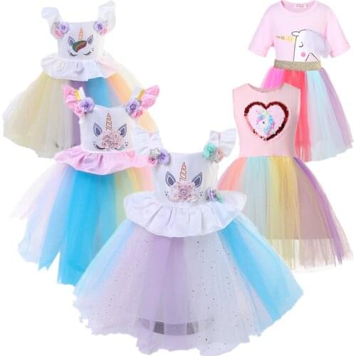 Summer Evening Prom Unicorn Children Dresses for Girls Princess Clothes Kids Light Short Sleeve Cosplay Costume Party Birthday