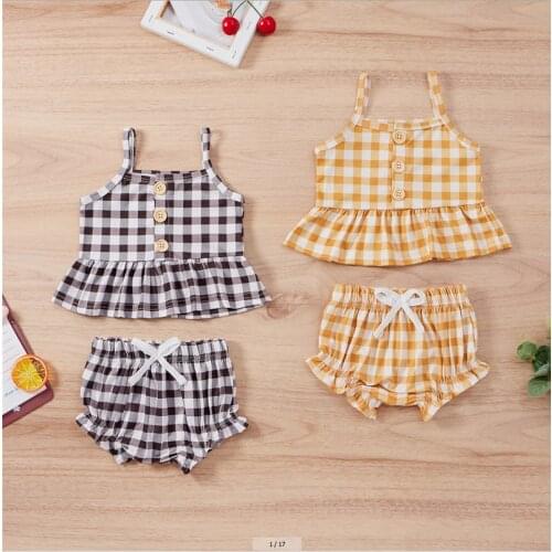 Baby Girl’s Summer Two Piece Set Fashion Plaid Suspender Tops and Ruffles Triangle Short Pants for 0-24 Months
