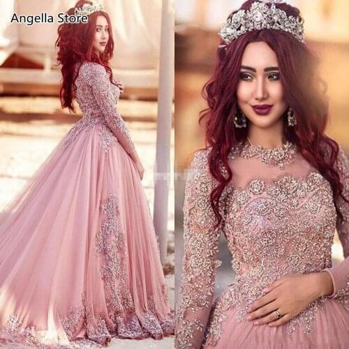 Muslim Wedding Dresses Long Sleeve Ball Gown Appliques Lace Beaded Islamic Dubai Saudi Arabic Formal Bridal Gowns Sweep Train