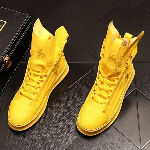 New Luxury Mens yellow white Soft leather leisure Shoes loafers Men High Top Sneakers tenis masculino ankle boot zapatos hombre