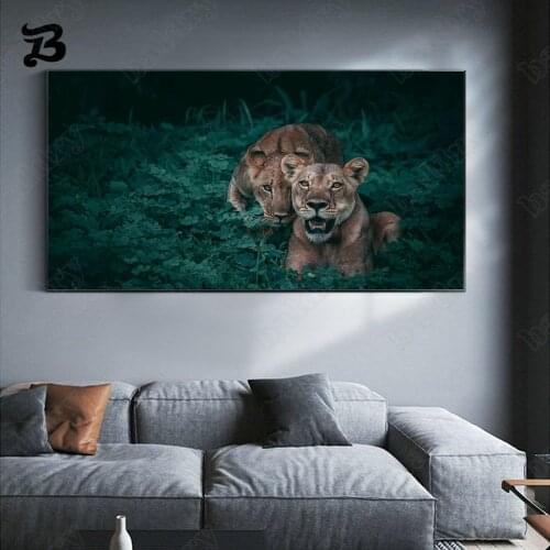 Canvas Painting Wall Art Animals Grassland Lion and Little Lion Landscape Canvas Posters and Prints for Living Room Home Decor