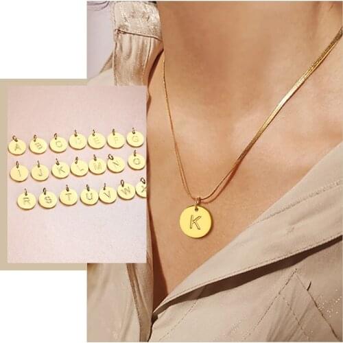 Custom Initial A-Z Alphabet Coin Necklaces for Women, Basic Stainless Steel Circle Pendant Collar Jewelry, with Snake Chain 50cm